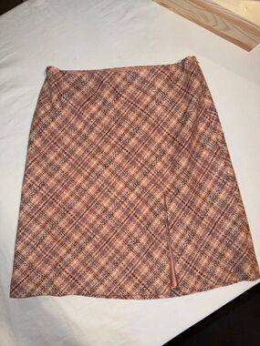 Ann Taylor Loft Pink and Brown Plaid Lined Tweed A-Line Skirt